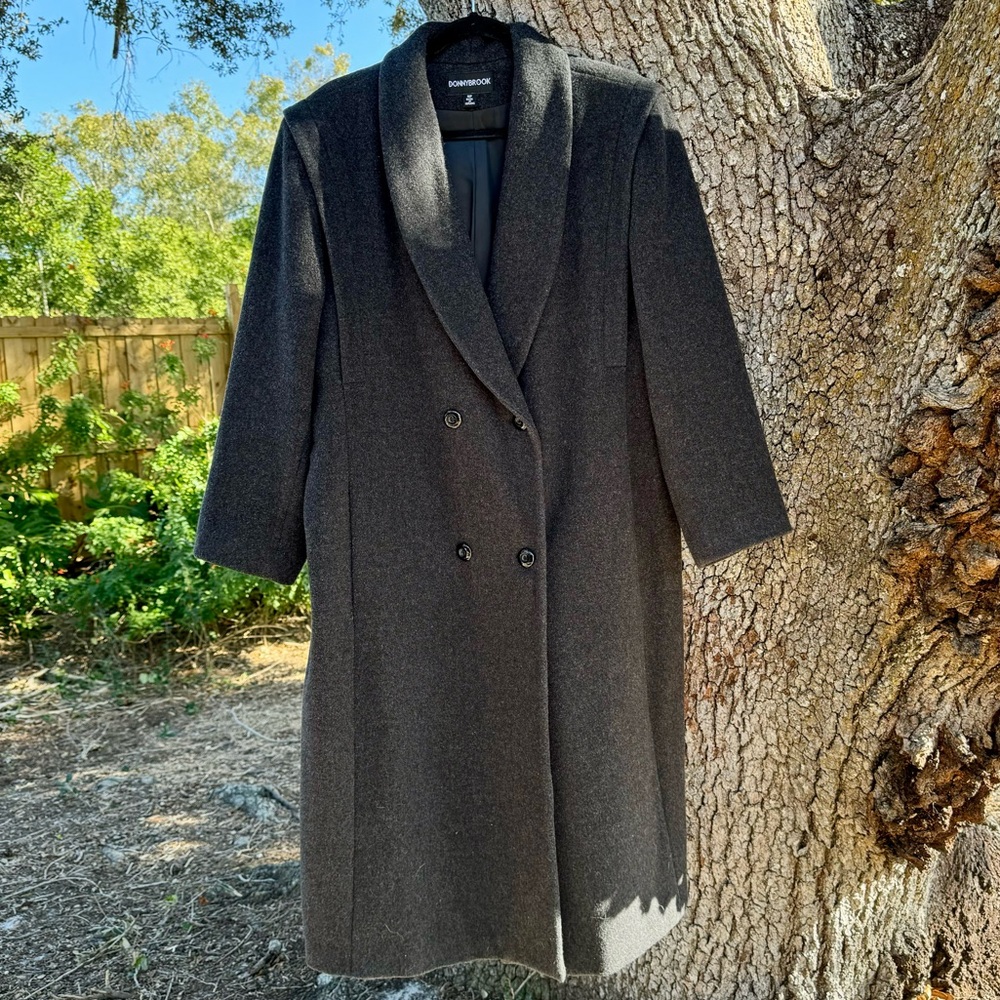 Vintage 80s Donny Brook Wool dark gray double breasted long coat.Size 16P